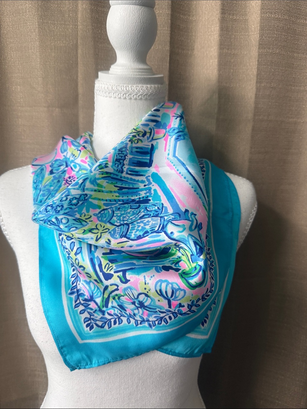 Lilly Pulitzer Turquoise Floral Silk Scarf with Pink & Lime Accents